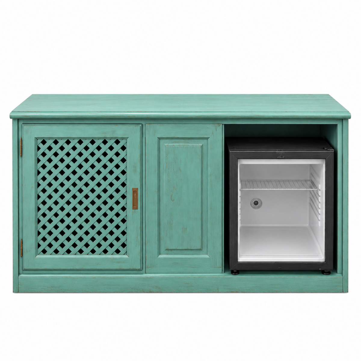 Mueble minibar lacado verde agua con nevera