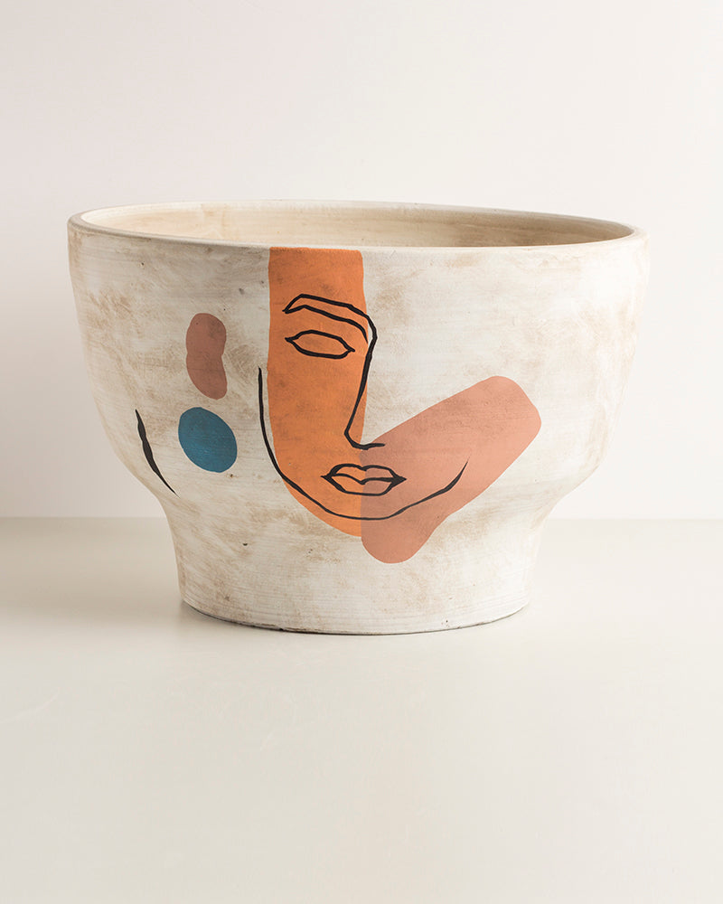 Vasija Terracota Decorativo Blanco Face