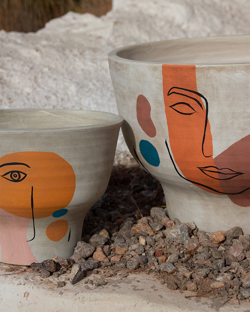 Vasija Terracota Decorativo Blanco Face